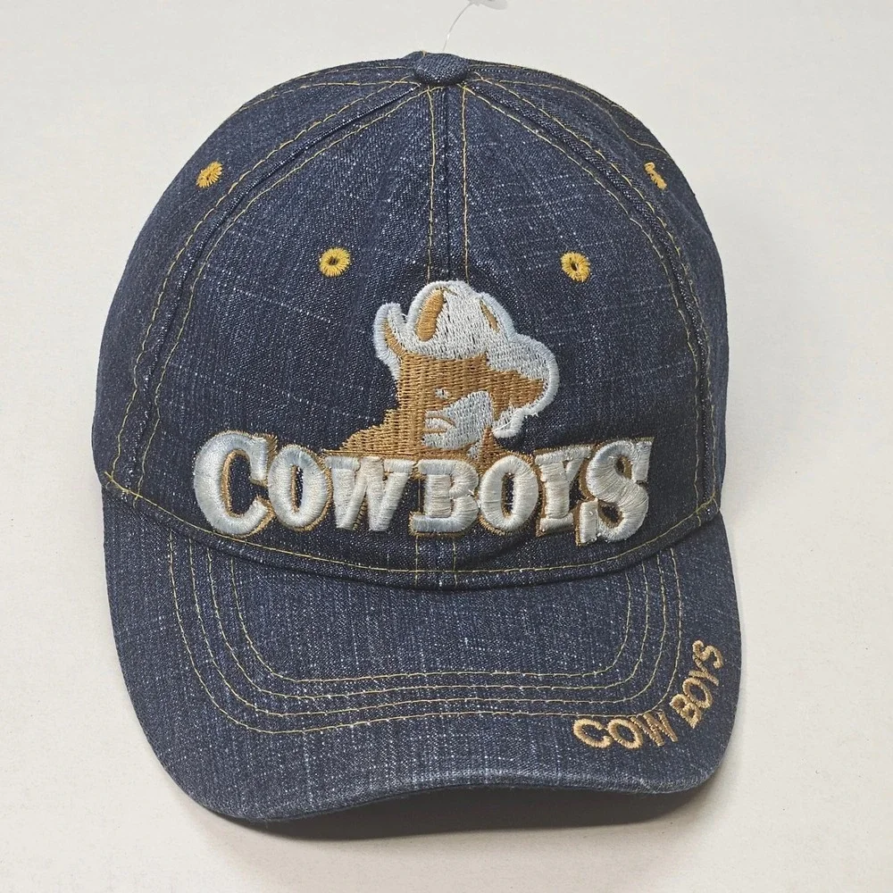 Denim Cowboys Baseball Cap Embroidered Logo Adjustable Strap Distressed One Size